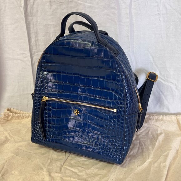 Tory Burch Navy Blue Croc-Embossed Mini Small Leather Backpack NWOT main image 7